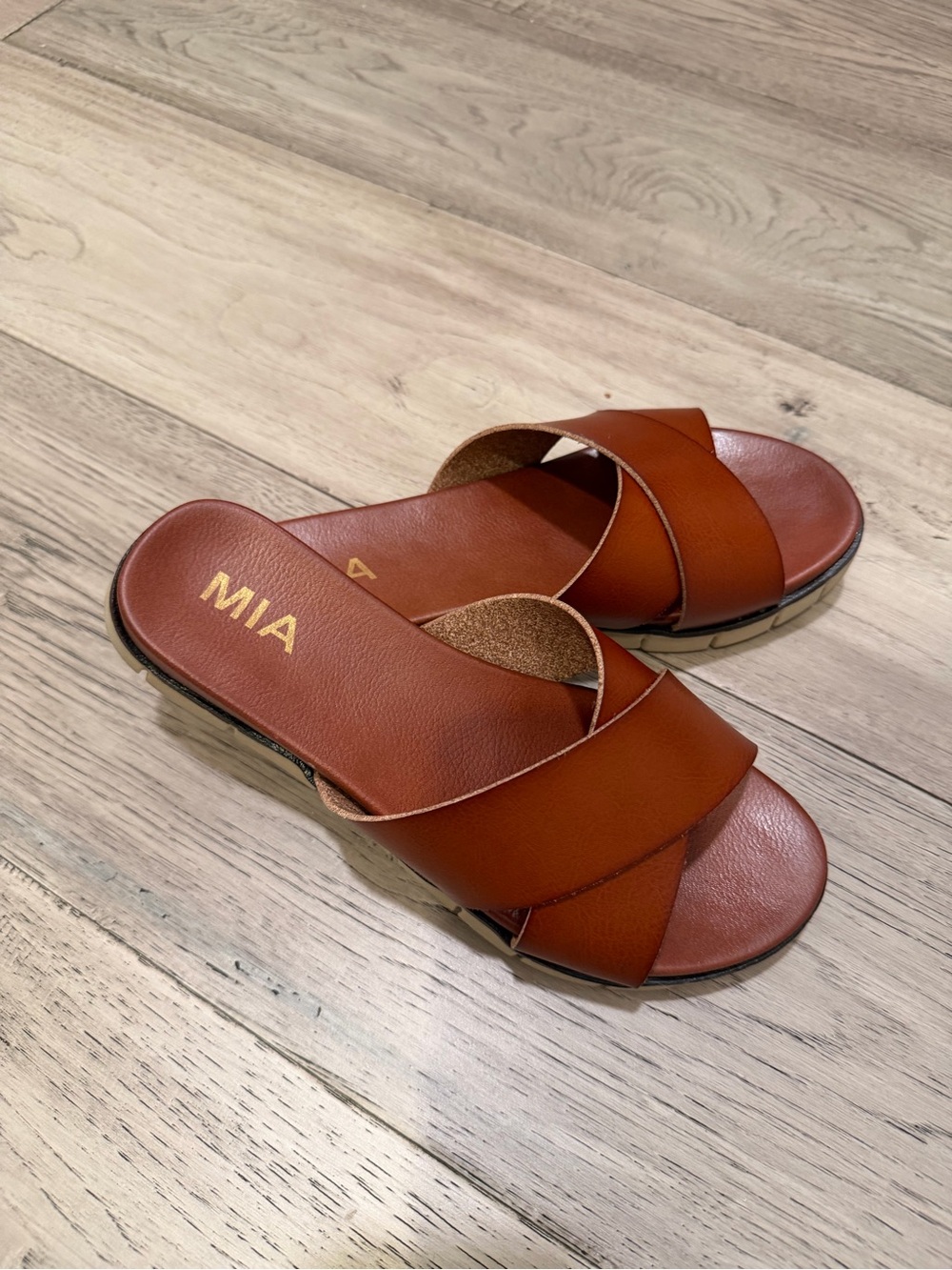 MIA Women's Tan Crisscross Leather Slide Mules 7